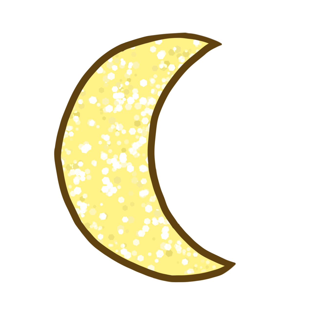 a cartoonish moon with glitter-like texture in the middle. it is a very pale yellow with a brown outline.